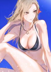 Rule 34 | 1girl, akiyoshi haru, alternate costume, bikini, blonde hair, blue background, breasts, brown eyes, cleavage, closed mouth, collarbone, commentary, facing viewer, flower, hair flower, hair ornament, hand in own hair, jewelry, kisara (tales), large breasts, long hair, necklace, sidelocks, simple background, solo, striped bikini, striped clothes, swimsuit, symbol-only commentary, tales of (series), tales of arise