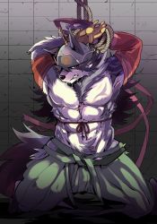 Rule 34 | 1boy, abs, animal ears, bara, beige fur, bound, bound wrists, brown hair, bulge, chest hair, drooling, facial hair, fang, full body, furry, furry male, goatee, hair between eyes, hakama, hakama pants, japanese clothes, kneeling, male focus, mature male, muscular, muscular male, navel, ohayashi55, pants, pectorals, topless male, short hair, solo, stomach, temujin (housamo), tokyo houkago summoners, wolf boy, wolf ears