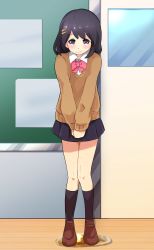Rule 34 | 1girl, black hair, black socks, blue skirt, blush, bow, bowtie, brown footwear, brown sweater, classroom, closed mouth, crying, door, embarrassed, female focus, full body, hair ornament, hairclip, have to pee, highres, indoors, kneehighs, long sleeves, looking at viewer, miniskirt, moettotsushinsha, original, own hands together, peeing, peeing self, pink bow, pink bowtie, pleated skirt, puddle, purple eyes, school uniform, shirt, shoes, skirt, socks, solo, standing, sweater, tears, v arms, wet, wet clothes, white shirt