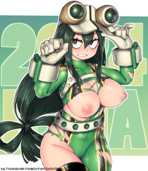 Rule 34 | 1girl, artist name, artist request, asui tsuyu, boku no hero academia, breasts, green hair, large breasts, nipples, solo, tagme, torn clothes