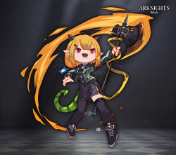 Rule 34 | 1girl, :d, arknights, asymmetrical legwear, axe, black dress, black footwear, black thighhighs, blonde hair, bob cut, dress, fang, full body, green jacket, holding, holding axe, horns, id card, jacket, lataedelan, open mouth, pointy ears, red eyes, shoes, short hair, smile, sneakers, solo, tail, thighhighs, uneven legwear, v-shaped eyebrows, vanilla (arknights)