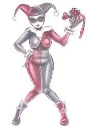 Rule 34 | 1girl, bad id, bad pixiv id, batman (series), black bodysuit, bodysuit, boots, dc comics, domino mask, female focus, full body, gift, gloves, hand on own hip, harley quinn, hat, heart, holding, holding gift, inactive account, jester cap, kafe (pixiv), knees together feet apart, lipstick, makeup, mask, simple background, skin tight, solo, thigh gap, thighs