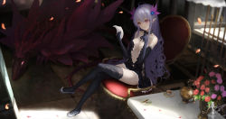 Rule 34 | 1girl, ahoge, bare shoulders, black dress, black footwear, black gloves, black thighhighs, breasts, center opening, cleavage, closed mouth, crossed legs, cup, dragon, dress, elbow gloves, elf, flats, full body, gloves, hair ornament, hairpin, heterochromia, highres, holding, holding letter, indoors, letter, long hair, monster, motion blur, navel, neck garter, on chair, original, petals, pointy ears, purple eyes, purple hair, reading, red eyes, shoes, signature, sitting, small breasts, smile, solo, strapless, strapless dress, table, tea, teacup, teapot, thighhighs, thighs, tile floor, tiles, vase, very long hair, wangchuan de quanyan