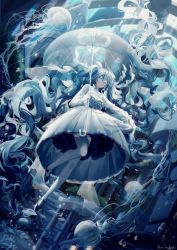 Rule 34 | 1girl, absurdly long hair, air bubble, alternate costume, artist name, black footwear, blue eyes, blue hair, breasts, bubble, commentary, day, dress, expressionless, fish, footwear ribbon, from below, hair between eyes, halter dress, halterneck, hatsune miku, high collar, highres, holding, holding umbrella, jellyfish, liita (dusk snow), long hair, long sleeves, looking at viewer, seafloor, outstretched arm, pale skin, sidelocks, solo, thighhighs, transparent, transparent umbrella, twintails, umbrella, underwater, underwater city, very long hair, vocaloid, white thighhighs