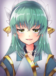 Rule 34 | 1girl, fate/grand order, fate (series), green hair, highres, horns, japanese clothes, kimono, kiyohime (fate), long hair, looking at viewer, open mouth, smug, yellow eyes