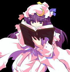 Rule 34 | 1girl, alphes, black background, book, crescent moon, female focus, hat, long hair, moon, official art, patchouli knowledge, purple eyes, purple hair, ribbon, scarlet weather rhapsody, simple background, solo, touhou
