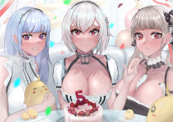 Rule 34 | 3girls, absurdres, animal, azur lane, bad id, bad pixiv id, bare shoulders, bird, blue hair, breasts, cake, cleavage, commentary request, confetti, dido (azur lane), food, formidable (azur lane), grey hair, grin, hand up, highres, holding, holding animal, holding bird, large breasts, long hair, looking at viewer, manjuu (azur lane), multiple girls, nibiiro (deep 4242), parted lips, purple eyes, red eyes, shirt, short hair, sirius (azur lane), sleeveless, sleeveless shirt, smile, twintails, white hair, white shirt