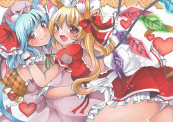 Rule 34 | 2girls, adapted costume, animal ear fluff, animal ears, back bow, backless dress, backless outfit, bare shoulders, blonde hair, blue hair, bow, brooch, cat ears, closed mouth, commentary, cowboy shot, crystal, dress, english commentary, fang, fang out, flandre scarlet, frilled dress, frills, from behind, gloves, green ribbon, hat, heart, jewelry, long hair, looking at viewer, looking back, maccha xxxxxx, marker (medium), medium hair, mob cap, multicolored wings, multiple girls, one side up, open mouth, pink dress, pink headwear, puffy short sleeves, puffy sleeves, red brooch, red dress, red eyes, red ribbon, remilia scarlet, ribbon, ribbon-trimmed gloves, ribbon trim, sample watermark, short sleeves, siblings, sisters, touhou, traditional media, watermark, white bow, white gloves, white headwear, wings, wrist cuffs
