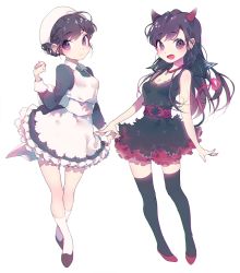 Rule 34 | 2girls, :d, arm at side, arms at sides, belt, black dress, black hair, black socks, braid, breasts, cleavage, closed mouth, crossed legs, demon girl, demon horns, demon tail, demon wings, dress, dual persona, eyebrows, full body, hand up, hashimoto kanna (idol), hat, horns, jewelry, kneehighs, lace, lace-trimmed dress, lace trim, legs apart, long hair, long sleeves, looking at viewer, medium breasts, multiple girls, necklace, nurse cap, open mouth, purple eyes, real life, real life insert, red footwear, rev. from dvl, sash, shoes, sleeveless, sleeveless dress, small breasts, smile, socks, standing, tail, thighhighs, vivinos, watson cross, white background, white legwear, wings