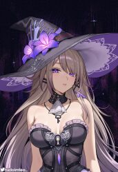 1girl ascot bare_shoulders black_hat breasts brown_hair cleavage detached_collar flower grey_hair hat hat_flower helloimtea herta_(honkai:_star_rail) highres honkai:_star_rail honkai_(series) jewelry key key_necklace long_hair looking_at_viewer medium_breasts necklace purple_eyes purple_hat sidelocks the_herta_(honkai:_star_rail) twitter_username witch_hat