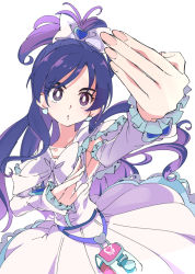 Rule 34 | 1girl, bow, bright pupils, commentary request, cure white, detached sleeves, earrings, fighting stance, fingernails, futari wa precure, hair bow, heart, heart earrings, ixy, jewelry, long hair, magical girl, precure, purple eyes, purple hair, simple background, skirt, solo, white background, white bow, white pupils, white skirt, white sleeves, yukishiro honoka