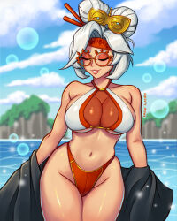 Rule 34 | 1girl, absurdres, alternate costume, bikini, black coat, blue sky, blurry, blurry background, breasts, closed eyes, cloud, coat, commentary, day, english commentary, eyeshadow, eyewear on head, facing viewer, gravey draws, hair ornament, hair stick, headband, highleg, highleg bikini, highres, large breasts, light particles, makeup, navel, nintendo, ocean, outdoors, parted lips, purah, red-framed eyewear, red bikini, red eyeshadow, red headband, round eyewear, sheikah, short hair, sky, smile, solo, standing, swimsuit, the legend of zelda, the legend of zelda: tears of the kingdom, twitter username, two-tone bikini, undressing, updo, white bikini