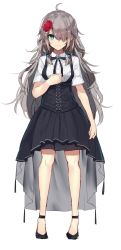 Rule 34 | 1girl, absurdres, ahoge, aosaki yukina, arm at side, black footwear, black ribbon, collared shirt, commentary request, corset, flower, full body, green eyes, grey hair, hair flower, hair ornament, hair over one eye, highres, long hair, looking at viewer, neck ribbon, original, red flower, red rose, ribbon, rose, shirt, short sleeves, simple background, sketch, smile, solo, standing, strappy heels, striped clothes, striped shirt, swept bangs, vertical-striped clothes, vertical-striped shirt, very long hair, white background