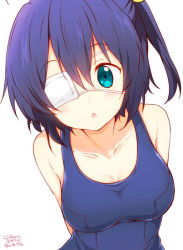 10s 1girl aqua_eyes arms_behind_back bare_shoulders blue_hair blush breasts chestnut_mouth chuunibyou_demo_koi_ga_shitai! cleavage collarbone eyepatch graphite_(medium) leaning_to_the_side looking_at_viewer mechanical_pencil medium_breasts one-piece_swimsuit one_side_up pencil ragho_no_erika school_swimsuit side_ponytail solo standing swimsuit takanashi_rikka traditional_media upper_body