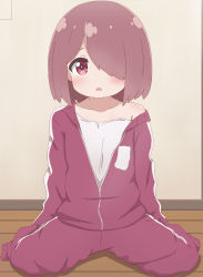 Rule 34 | 1girl, absurdres, aged down, blush, collarbone, hair over one eye, highres, hoshino miyako (wataten), jacket, long sleeves, looking at viewer, off shoulder, open clothes, open jacket, open mouth, pants, pink eyes, pink hair, poa mellhen, red jacket, red pants, shirt, short hair, sitting, sleeves past wrists, solo, swept bangs, track suit, wall, watashi ni tenshi ga maiorita!, white shirt, wooden floor
