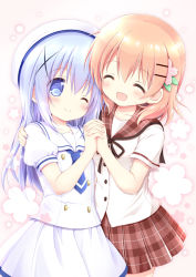 Rule 34 | 2girls, :d, ;), ^ ^, beret, black ribbon, blue eyes, blue hair, blush, brown sailor collar, brown skirt, closed eyes, collarbone, commentary request, floral background, gochuumon wa usagi desu ka?, hair between eyes, hair ornament, hairclip, hand on another&#039;s shoulder, hat, holding hands, hoto cocoa, hoto cocoa&#039;s school uniform, interlocked fingers, kafuu chino, kafuu chino&#039;s school uniform, light brown hair, long hair, multiple girls, nanase miori, neck ribbon, one eye closed, open mouth, plaid, plaid sailor collar, plaid skirt, pleated skirt, puffy short sleeves, puffy sleeves, ribbon, sailor collar, school uniform, serafuku, shirt, short sleeves, skirt, smile, very long hair, white headwear, white sailor collar, white shirt, white skirt, wink, x hair ornament, yuri