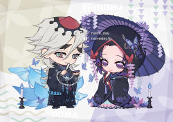 Rule 34 | 1boy, 1girl, adapted costume, alcohol, black coat, black footwear, black hair, black hakama, blue butterfly, blue fire, blue flower, boots, bug, butterfly, butterfly hair ornament, candle, candlestand, character name, chibi, coat, colored tips, cup, douma (kimetsu no yaiba), eyelashes, fingernails, fire, floral print, flower, folded fan, folding fan, grey hair, hair between eyes, hair ornament, hakama, hand fan, hand to own mouth, hand under clothes, hand up, haori, holding, holding cup, holding fan, hood, hood up, insect, japanese clothes, kimetsu no yaiba, kimono, kochou shinobu, layered clothes, layered kimono, long hair, long sleeves, looking at viewer, lotus, multicolored eyes, multicolored hair, nail polish, naive (day), off shoulder, oil-paper umbrella, petals, pink butterfly, praying, print hair, purple hair, purple nails, rainbow eyes, red hair, sakazuki, sake, sharp fingernails, shide, sidelocks, streaked hair, tassel, text in eyes, tsunokakushi, twitter username, uchikake, umbrella, undershirt, white flower, wide sleeves, wisteria