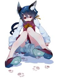 Rule 34 | 1girl, animal ears, bow, chen, commentary request, fingernails, footprints, gold bowtie, hair between eyes, highres, ikurauni, knees together feet apart, long sleeves, looking at viewer, multicolored shirt, purple hair, red eyes, red footwear, shirt, short hair, sitting, solo, touhou, white background, white shirt