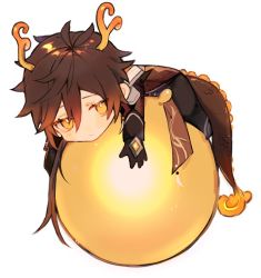 Rule 34 | 1boy, blush, brown hair, chibi, closed mouth, coattails, dragon boy, dragon horns, dragon tail, earrings, genshin impact, gradient hair, guo o0, hair between eyes, horns, jacket, jewelry, long hair, long sleeves, looking at viewer, male focus, multicolored hair, orange hair, ponytail, seelie (genshin impact), simple background, single earring, solo, tail, tassel, tassel earrings, white background, yellow eyes, zhongli (genshin impact)