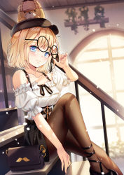 Rule 34 | 1girl, animal, animal on head, black pantyhose, blonde hair, blue eyes, breasts, collarbone, dog, glasses, hair ornament, hat, highres, hololive, hololive english, indoors, looking at viewer, medium breasts, on head, pantyhose, short hair, sitting, skirt, smile, solo, stairs, virtual youtuber, watson amelia, watson amelia (street casual), yan (nicknikg)