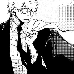 Rule 34 | 1boy, cigarette, formal, ginko, glasses, greyscale, hair over one eye, lowres, male focus, monochrome, mushishi, smoking, solo, suit