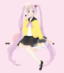 Rule 34 | 1girl, :q, bad id, bad pixiv id, candy, cardigan, chocolate, contemporary, food, food on face, hair ornament, hairband, holding, long hair, official alternate costume, periko (biscottom), purple background, purple eyes, purple hair, school uniform, serafuku, simple background, sitting, skirt, solo, sophie (tales), tales of (series), tales of graces, thighhighs, tongue, tongue out, twintails, very long hair, white thighhighs