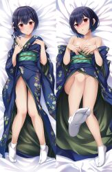 Rule 34 | 1girl, :|, absurdres, bare shoulders, black hair, blush, breasts, chestnut mouth, cleavage, closed mouth, collarbone, commentary request, convenient leg, dakimakura (medium), floral print, flower, full body, hair flower, hair ornament, highres, idolmaster, idolmaster shiny colors, japanese clothes, kimono, looking at viewer, lying, morino rinze, multiple views, obi, on back, red eyes, sash, short hair, small breasts, socks, tabi, takatsuki p, thighhighs, undressing, white socks