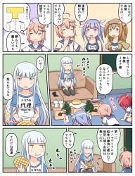 Rule 34 | 5girls, ahoge, blue hair, bread, character request, comic, crossover, food, highres, i-168 (kancolle), i-19 (kancolle), i-26 (kancolle), i-58 (kancolle), kantai collection, light brown hair, long hair, melon bread, multiple girls, name tag, one-piece swimsuit, pink hair, ponytail, red hair, school swimsuit, short hair, swimsuit, swimsuit under clothes, t-head admiral, translation request, tri tails, tsukemon, two side up