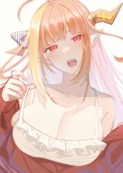 Rule 34 | 1girl, black bow, blonde hair, bow, breasts, camisole, cleavage, collarbone, dragon girl, dragon horns, frilled camisole, frills, hair bow, head tilt, highres, hololive, horns, isuka, kiryu coco, kiryu coco (loungewear), large breasts, long pointy ears, looking at viewer, multicolored hair, official alternate costume, open mouth, pointy ears, portrait, red eyes, solo, strap pull, streaked hair, striped, striped bow, virtual youtuber, white background, white bow, white camisole