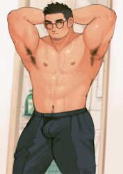 Rule 34 | 1boy, abs, armpit hair, armpits, arms behind head, bara, black-framed eyewear, black hair, blush, bulge, chest hair, earrings, facial hair, feet out of frame, glasses, goatee, highres, indoors, jewelry, large pectorals, long sideburns, looking to the side, male focus, mature male, muscular, muscular male, navel, navel hair, nipples, original, paid reward available, pectorals, presenting armpit, shan (shanshankuo), short hair, sideburns, solo, standing, stomach, sweat, thick eyebrows, tsi-ho (shan)