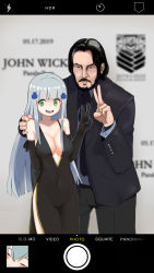 Rule 34 | 1boy, 2019, 2girls, @ @, absurdres, bare shoulders, beard, black dress, black gloves, black hair, blue hair, blunt bangs, breasts, camera phone, cellphone, cellphone photo, character name, cleavage, dated, dizzy, dress, elbow gloves, english text, evening gown, facial hair, formal, g11 (girls&#039; frontline), girls&#039; frontline, gloves, green eyes, griffin &amp; kryuger, grifon&amp;kryuger, highres, hk416 (girls&#039; frontline), john wick, keanu reeves, kion-kun, logo, medium breasts, multiple girls, no bra, phone, photo (object), revealing clothes, side slit, smartphone, suit, v