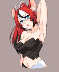 Rule 34 | 1girl, absurdres, alternate hairstyle, animal ears, arm up, armpits, black hair, blue eyes, breasts, cleavage, hakos baelz, highres, hololive, hololive english, mouse ears, multicolored hair, navel, nyang-kaz, ponytail, red hair, solo, two-tone hair, virtual youtuber