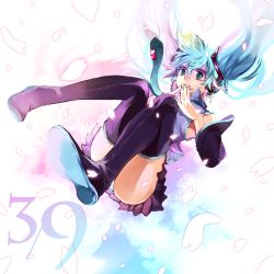 Rule 34 | 1girl, 39, aqua eyes, aqua hair, falling, hatsune miku, highres, long hair, necktie, panties, petals, solo, striped clothes, striped panties, twintails, underwear, vocaloid, yamako (state of children)