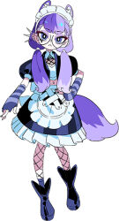 Rule 34 | 1girl, :&lt;, animal ears, apron, back bow, black footwear, boots, bow, cropped jacket, donuttypd, earrings, eyeshadow, fishnets, frills, frown, full body, glasses, hand on own hip, jacket, jewelry, large bow, light purple hair, maid headdress, makeup, multicolored hair, nail polish, navel piercing, open clothes, open jacket, original, pale skin, piercing, puffy short sleeves, puffy sleeves, purple hair, purple jacket, purple socks, purple tail, raychell (donuttypd), round eyewear, server, short sleeves, silver earrings, simple background, skirt, socks, split-color hair, standing, striped clothes, striped skirt, tail, vertical-striped clothes, vertical-striped skirt, waist apron, werewolf, white apron, white background, white bow, wolf ears, wolf girl, wolf tail