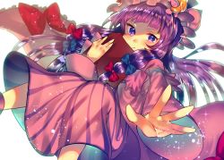 Rule 34 | 1girl, bad id, bad pixiv id, blush, book, capelet, crescent, dress, dutch angle, hair ribbon, hat, long sleeves, looking at viewer, mob cap, mudi shime, open book, patchouli knowledge, purple eyes, purple hair, ribbon, simple background, solo, sparkle, striped clothes, striped dress, touhou, tress ribbon, white background, wide sleeves
