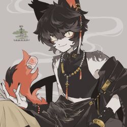 Rule 34 | 1boy, aak (arknights), animal ear piercing, arknights, bead necklace, beads, black hair, black nails, black shirt, bottle, cat boy, closed mouth, colored sclera, eyeliner, furry, furry male, grey background, hair between eyes, highres, jewelry, looking at viewer, makeup, male focus, necklace, red eyeliner, shirt, short hair, sirakaro, slit pupils, smile, smoke, solo, translation request, yellow sclera