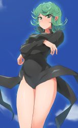 Rule 34 | 1girl, black dress, blue sky, blush, breasts, cloud, crossed arms, curly hair, day, dress, floating clothes, flying, frown, green eyes, green hair, highres, legs, looking at viewer, matching hair/eyes, medium breasts, minakami (flyingman555), no panties, one-punch man, outdoors, pussy, pussy peek, short hair, sky, solo, tatsumaki, telekinesis, thick thighs, thighs