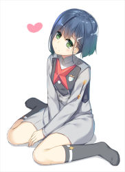 Rule 34 | 10s, 1girl, black socks, blue hair, blush, closed mouth, colored eyelashes, darling in the franxx, dress, emblem, full body, green eyes, grey dress, hair ornament, hairclip, head tilt, heart, highres, ichigo (darling in the franxx), kneehighs, long sleeves, looking at viewer, no shoes, olive (laai), school uniform, short hair, simple background, sitting, smile, socks, solo, tareme, v arms, wariza, white background