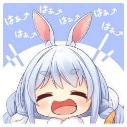 Rule 34 | 1girl, :d, ^ ^, animal ear fluff, animal ears, arrow (symbol), blue background, blue hair, blush, braid, carrot hair ornament, catchphrase, chibi, closed eyes, commentary request, facing viewer, food-themed hair ornament, hair ornament, hololive, laughing, multicolored hair, open mouth, rabbit ears, shachoo., short eyebrows, smile, solo, thick eyebrows, twin braids, two-tone background, two-tone hair, usada pekora, usada pekora (1st costume), virtual youtuber, white background, white hair