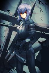 Rule 34 | 00s, 1girl, blue hair, bodysuit, fingerless gloves, ghost in the shell, ghost in the shell stand alone complex, gloves, gun, kusanagi motoko, red eyes, rifle, sato (options), short hair, solo, weapon