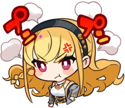 Rule 34 | 1girl, anger vein, bare shoulders, black hairband, blonde hair, braid, breasts, bright pupils, chibi, closed mouth, cropped torso, denonbu, dollar sign, grey jacket, hairband, hand on own hip, jacket, jewelry, kurumitsu, long hair, long sleeves, looking at viewer, lowres, medium breasts, necklace, official art, open clothes, open jacket, pink eyes, pout, puff of air, shirokane aki, solo, translation request, transparent background, upper body, white pupils