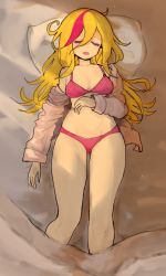 Rule 34 | 1girl, ahoge, artist request, bare shoulders, bed, bed sheet, blanket, blonde hair, bra, breasts, cleavage, closed eyes, collarbone, drooling, female focus, from above, groin, hair between eyes, highres, imminent rape, legs, long hair, lying, medium breasts, multicolored hair, muse dash, navel, on back, on bed, open clothes, open mouth, panties, pillow, red bra, red hair, red panties, rin (muse dash), saliva, saliva trail, sleeping, solo, stomach, underwear
