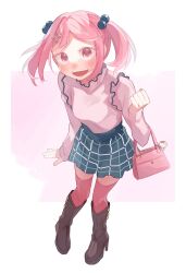 Rule 34 | 1girl, bag, boots, brown footwear, frilled skirt, frills, full body, green skirt, hair bobbles, hair ornament, handbag, highres, kantai collection, official alternate costume, open mouth, pink eyes, pink hair, pink shirt, pink thighhighs, plaid, plaid skirt, pleated skirt, sazanami (kancolle), shirt, short hair, skirt, smile, solo, suppaman (rfjy), thighhighs, twintails