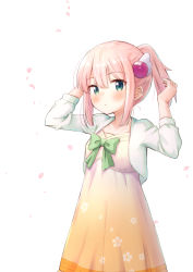 Rule 34 | 1girl, blush, bow, bowtie, breasts, chiyoda momo, collarbone, dress, green bow, green bowtie, green eyes, highres, kuramoto takato, looking at viewer, machikado mazoku, open mouth, pink hair, ponytail, shiny skin, simple background, small breasts, solo, standing, white background