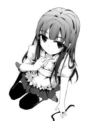 Rule 34 | 1girl, apron, black thighhighs, female focus, full body, greyscale, long hair, monochrome, simple background, sitting, skirt, smile, solo, tano, thighhighs, waitress, white background, working!!, yamada aoi