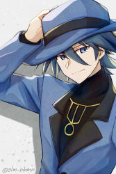 Rule 34 | 1boy, aqua hair, black shirt, blue hat, blue jacket, closed mouth, commentary request, creatures (company), game freak, hair between eyes, hand on headwear, hand up, hat, highres, jacket, jewelry, long sleeves, male focus, nanashino (7shino gs), necklace, nintendo, pokemon, pokemon dppt, riley (pokemon), shirt, smile, solo, upper body
