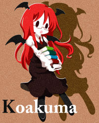 Rule 34 | 1girl, bat wings, bespectacled, book, book stack, character name, female focus, glasses, head wings, karaagetarou, koakuma, long hair, necktie, open mouth, pantyhose, red hair, shadow, solo, embodiment of scarlet devil, touhou, wings