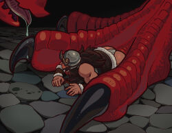 Rule 34 | 1boy, ass, bara, beard, bestiality, blood, brown hair, dragon, dungeon meshi, dwarf, facial hair, fake horns, from above, helmet, horned helmet, horns, imminent bestiality, loincloth, long beard, lying, male focus, on stomach, perspective, saliva, senshi (dungeon meshi), solo, stepped on, tarror draws, thick mustache, tongue, tongue out, very long beard
