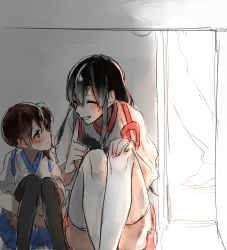 Rule 34 | 10s, 2girls, :d, ^ ^, age difference, akagi (kancolle), backlighting, black legwear, blush, brown eyes, brown hair, child, closed eyes, closed eyes, female focus, hand on own knee, highres, hugging own legs, japanese clothes, kaga (kancolle), kantai collection, looking at another, multiple girls, open mouth, shuu-0208, side ponytail, sketch, skirt, smile, thighhighs, white legwear, aged down