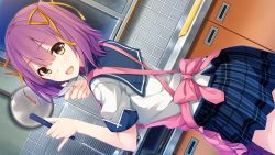 Rule 34 | 1girl, apron, cooking, dutch angle, game cg, hair ribbon, holding, indoors, kitchen, ladle, looking at viewer, looking back, official art, open mouth, plaid, plaid skirt, pleated skirt, purple hair, ribbon, school uniform, short hair, short sleeves, skirt, solo, sorairo innocent, tsubaki ami, two side up, unasaka ryou, yellow eyes